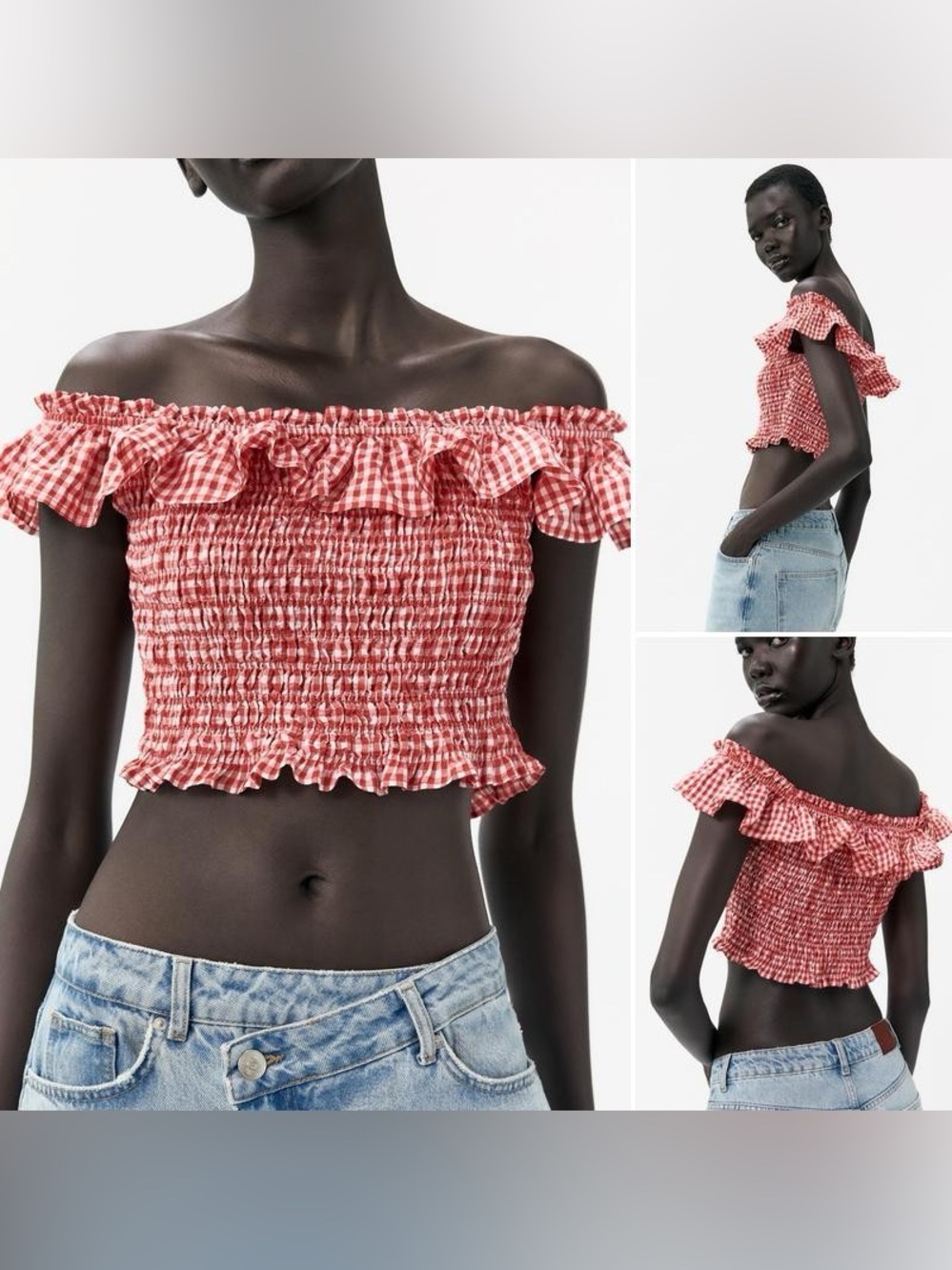Zara Gingham Smocked Elasticized Top Red & White